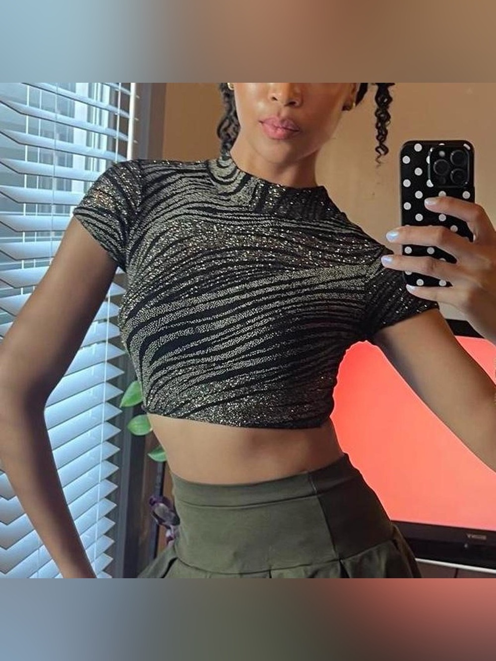 Black & gold glittery striped cropped baby tee, mock neck, fitted